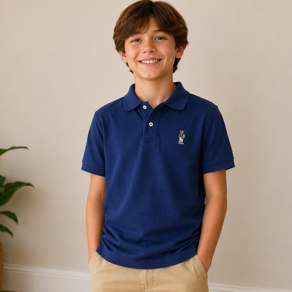 Polo Ralph Lauren Boys L (14–16) Bear Embroidered Polo Shirt – Blue – Cotton